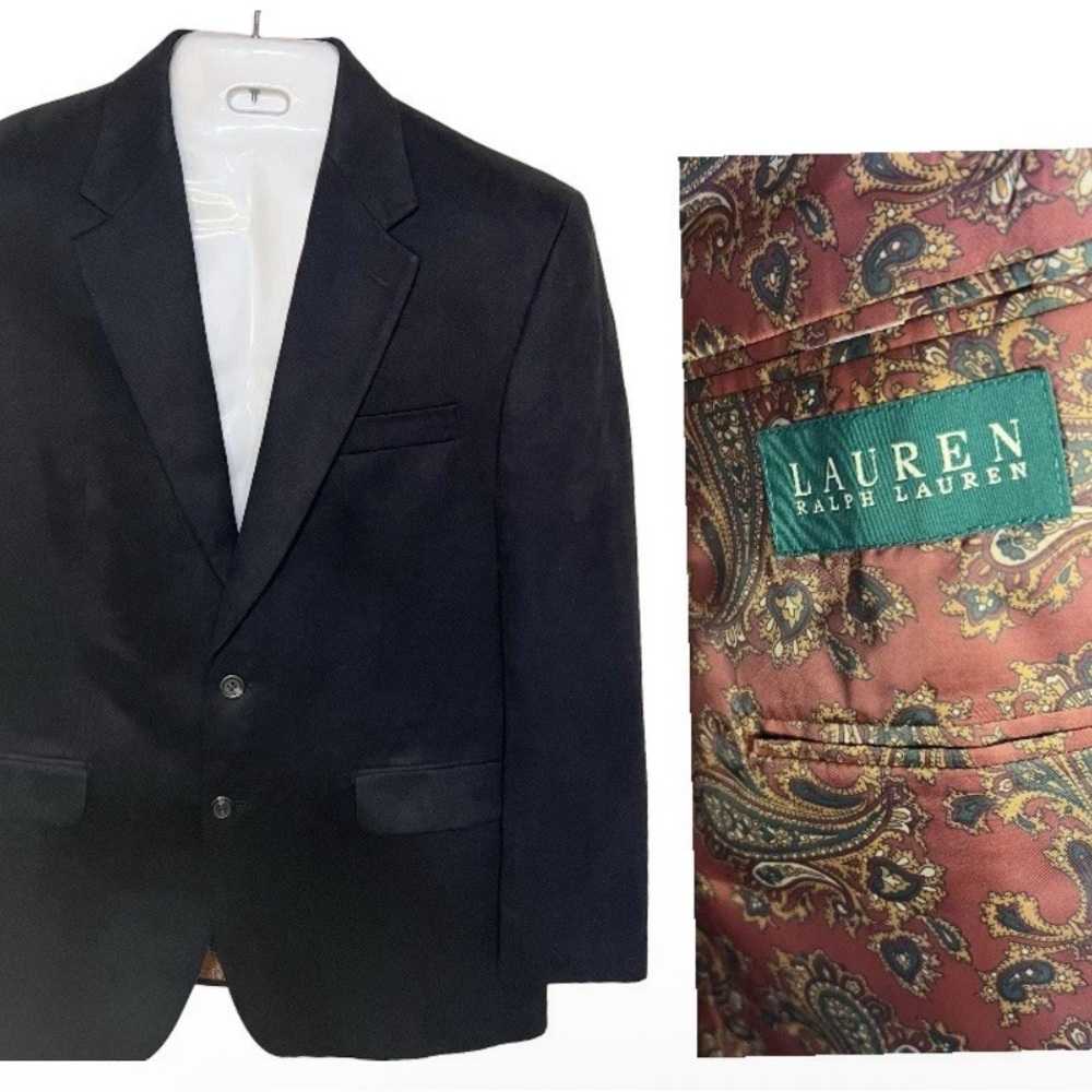 Ralph Lauren Blazer Mens 40R Sport Jacket Black Velvety Faux Suede Paisley Lined